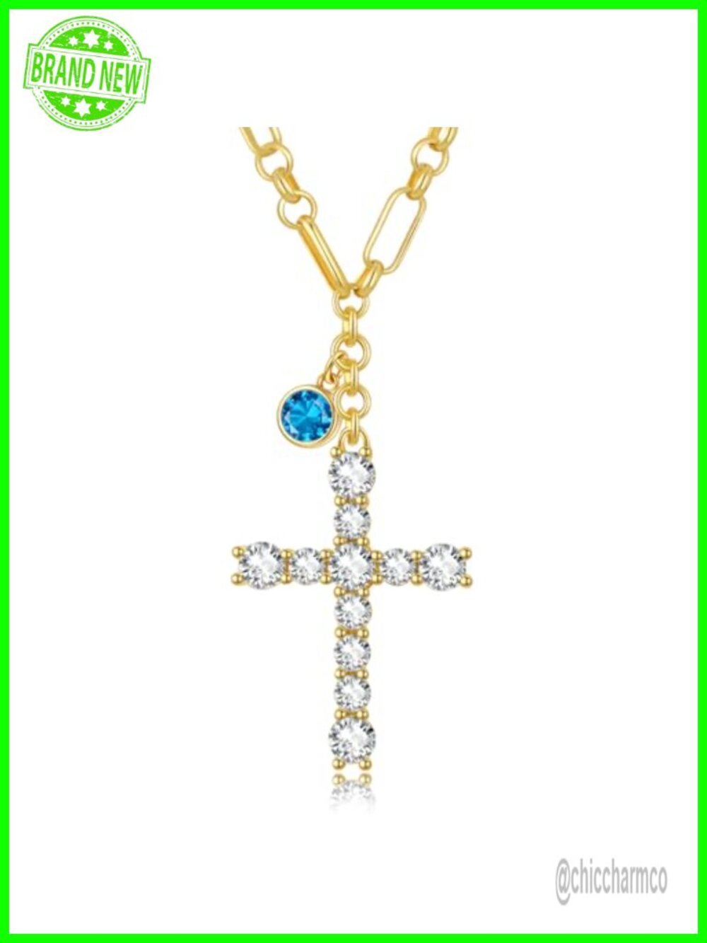 14K Gold Plated Cross Birthstone Necklace Cubic Zirconia Pendant 20"